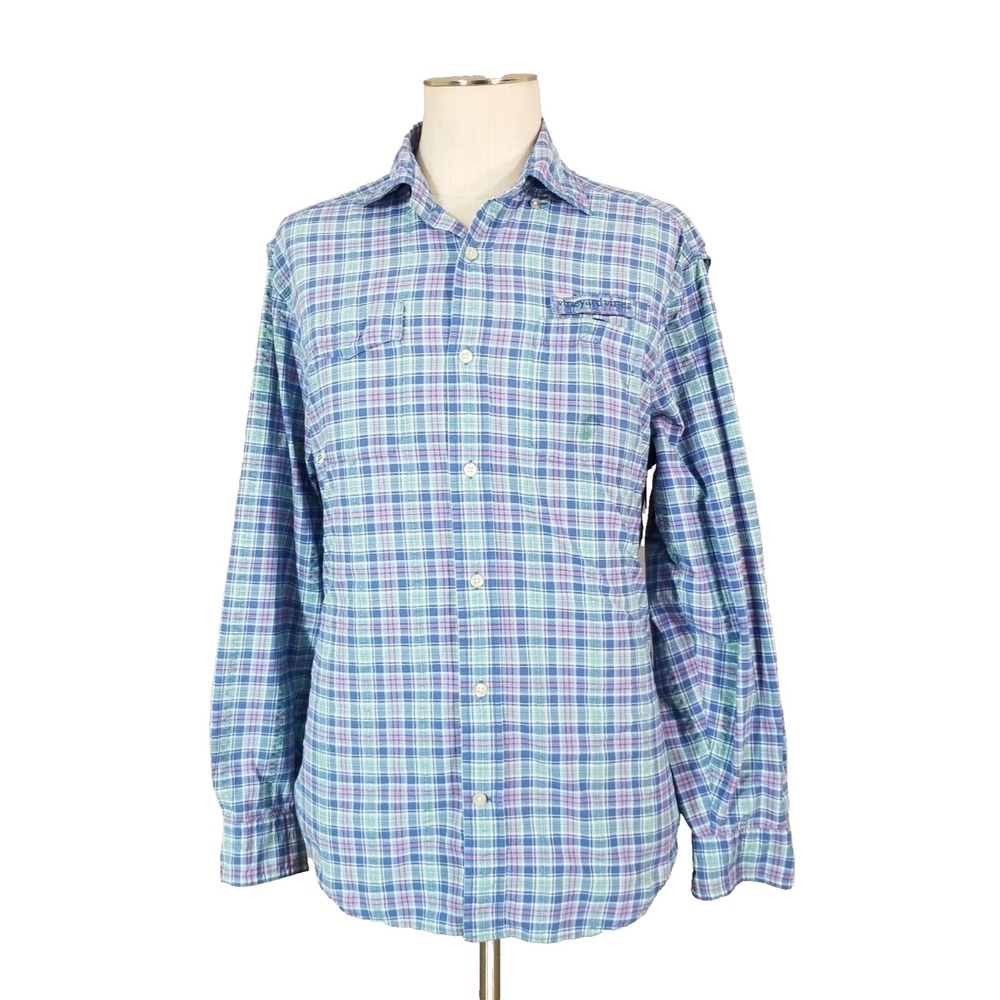 Vineyard Vines Button Up Mens M Blue Harbor Shirt Plaid Vented Outdoor Dri-Fit